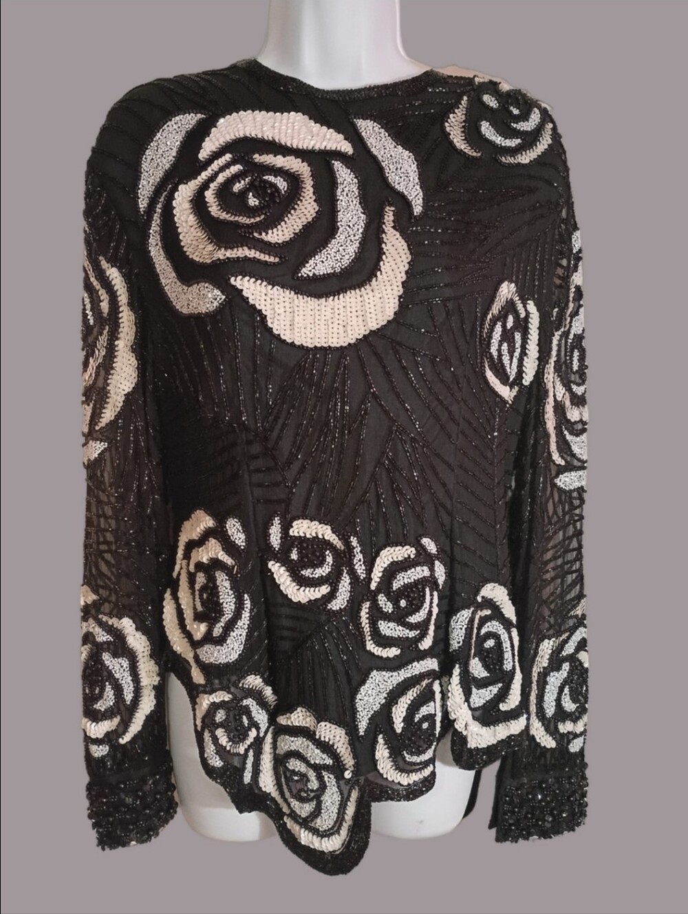 Vintage 80's-90's Black Deco Floral Sequin Rose Silk Blouse Med